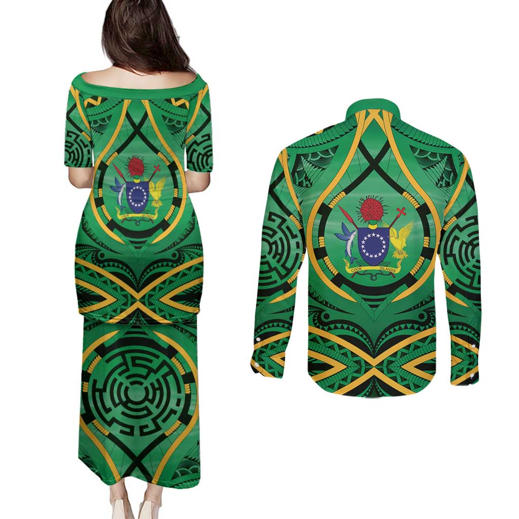 Cook Islands Constitution Day Couples Matching Puletasi and Long Sleeve Button Shirt 60th Anniversary - Polynesian Pride