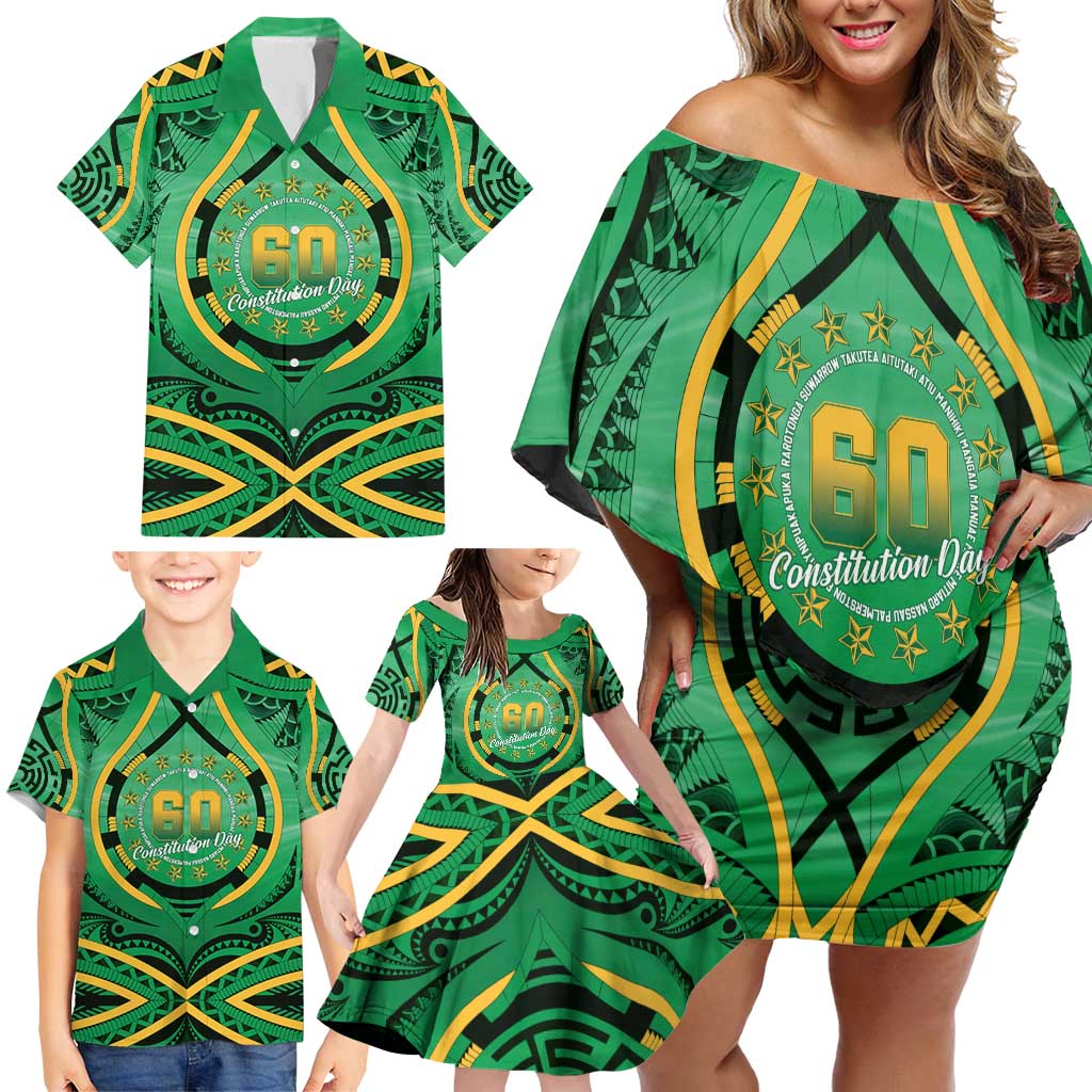 Cook Islands Constitution Day Family Matching Off Shoulder Short Dress and Hawaiian Shirt 60th Anniversary - Polynesian Pride