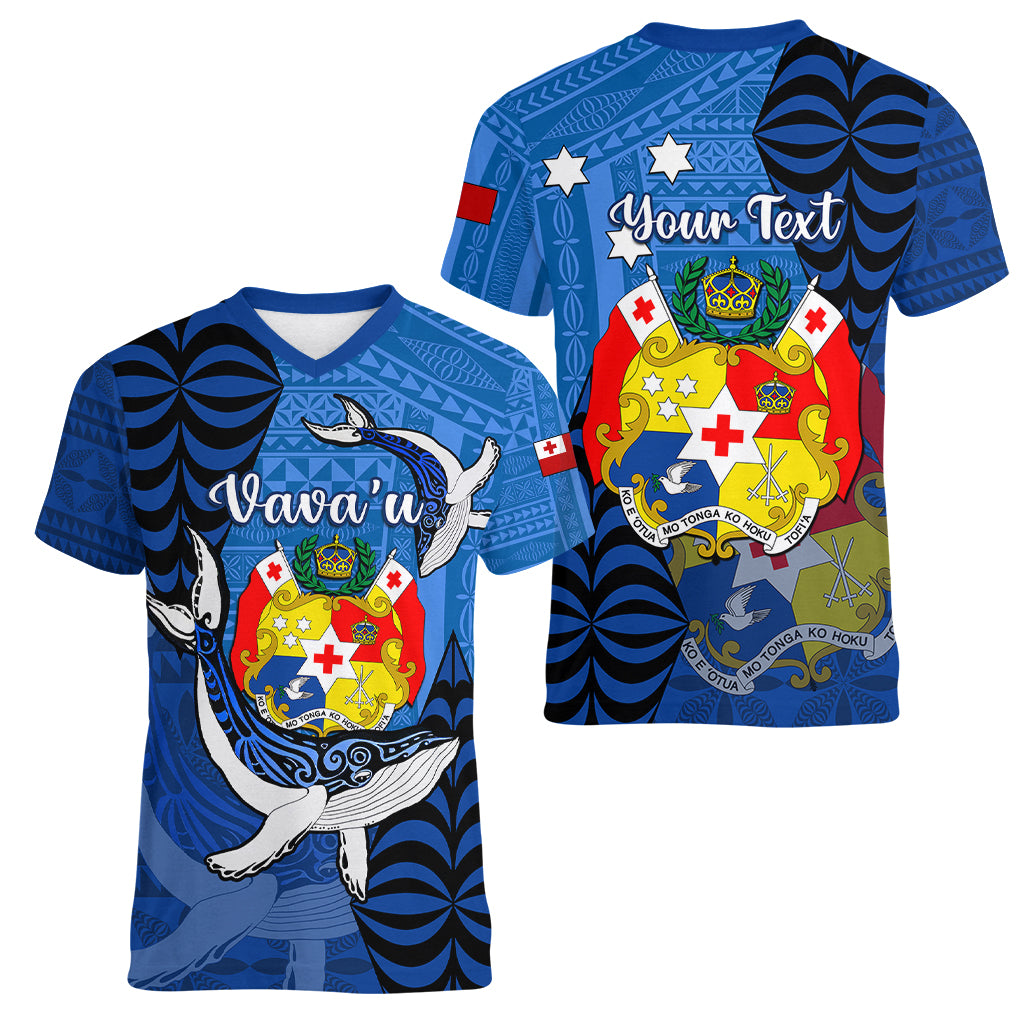 Personalized Tonga Vavau Women V Neck T Shirt Humpback Whale Coat Of Arms With Ngatu Pattern LT05 - Polynesian Pride