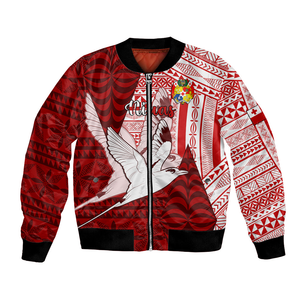 Personalized Tonga Niuas Bomber Jacket White Tailed Tropicbird With Ngatu Pattern LT05 Unisex Red - Polynesian Pride