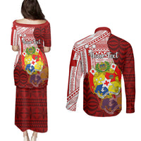 Personalized Tonga Niuas Couples Matching Puletasi Dress and Long Sleeve Button Shirts White Tailed Tropicbird With Ngatu Pattern LT05 - Polynesian Pride