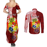 Personalized Tonga Niuas Couples Matching Summer Maxi Dress and Long Sleeve Button Shirts White Tailed Tropicbird With Ngatu Pattern LT05 - Polynesian Pride