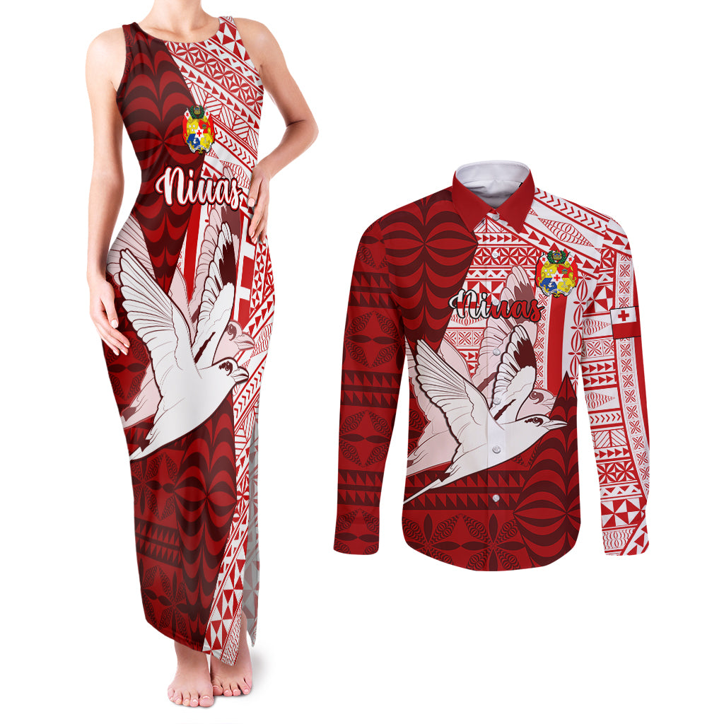 Personalized Tonga Niuas Couples Matching Tank Maxi Dress and Long Sleeve Button Shirts White Tailed Tropicbird With Ngatu Pattern LT05 Red - Polynesian Pride