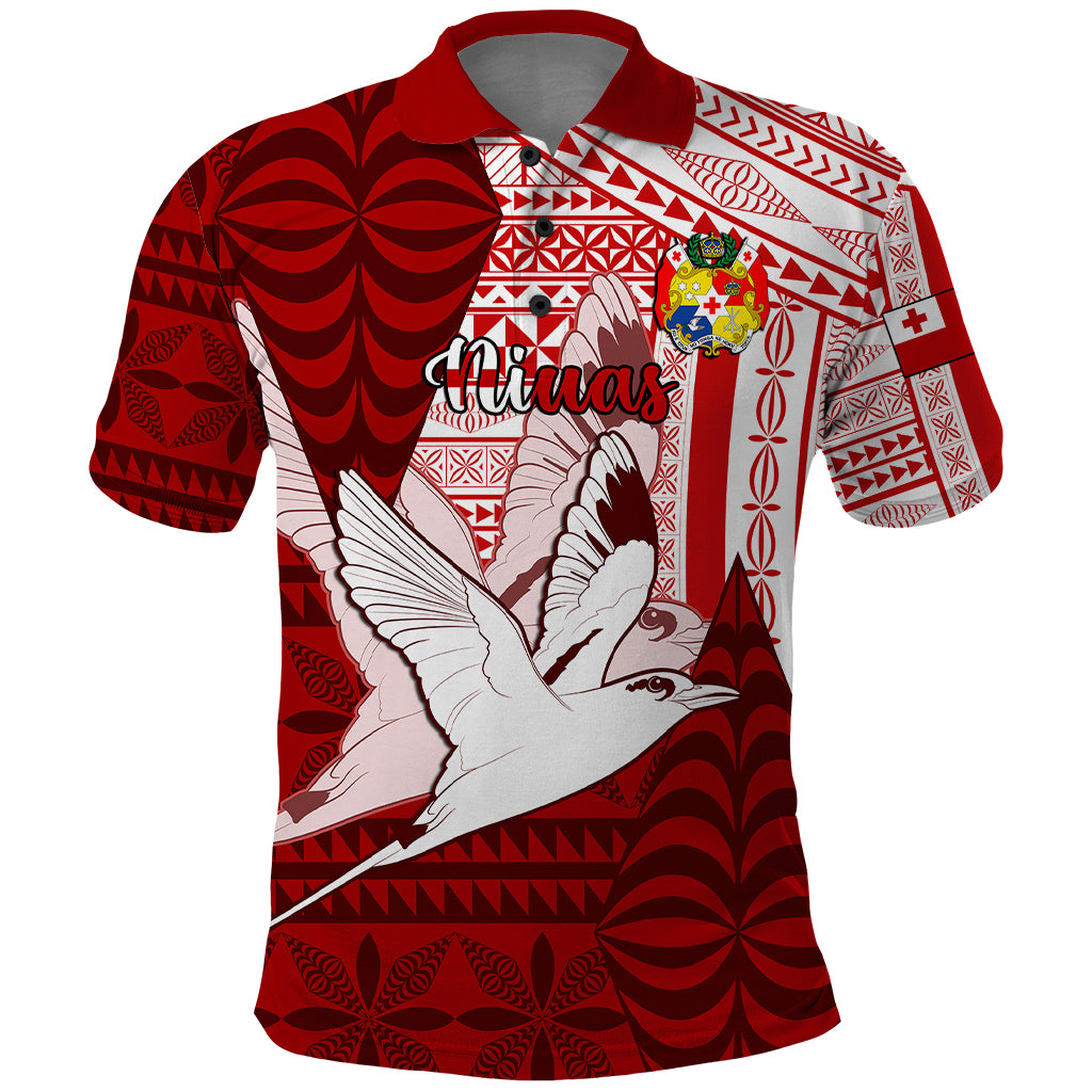 Personalized Tonga Niuas Polo Shirt White Tailed Tropicbird With Ngatu Pattern LT05 Red - Polynesian Pride