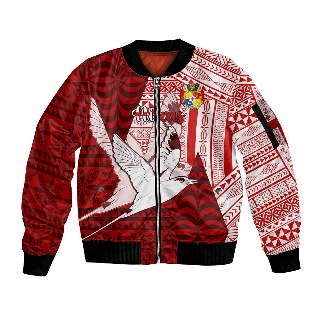 Personalized Tonga Niuas Sleeve Zip Bomber Jacket White Tailed Tropicbird With Ngatu Pattern LT05 Unisex Red - Polynesian Pride