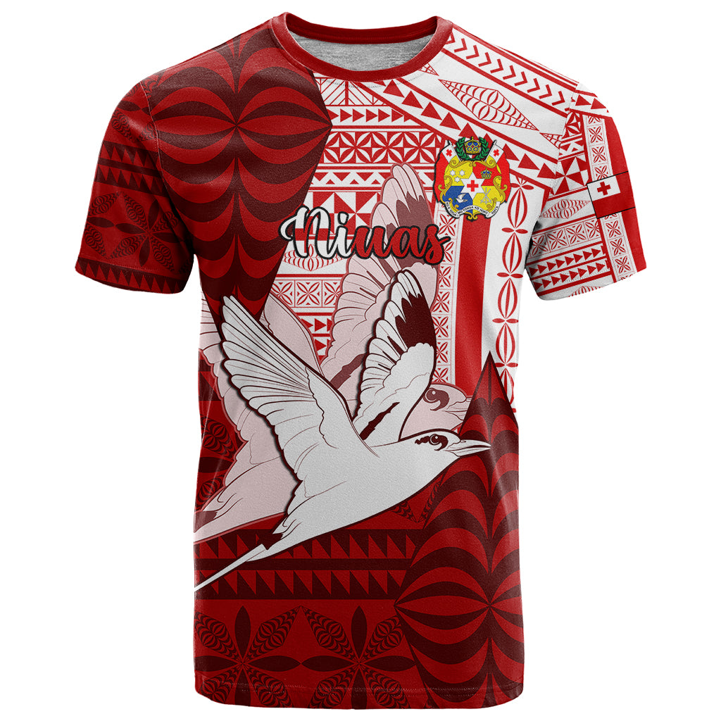 Personalized Tonga Niuas T Shirt White Tailed Tropicbird With Ngatu Pattern LT05 Red - Polynesian Pride