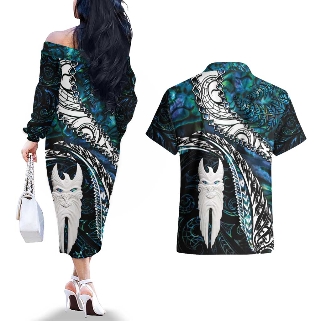 New Zealand Aotearoa Couples Matching Off The Shoulder Long Sleeve Dress and Hawaiian Shirt Maori Hei Rehua Paua Shell Glitter Green