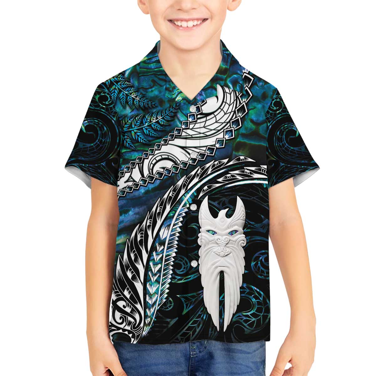 New Zealand Aotearoa Family Matching Off The Shoulder Long Sleeve Dress and Hawaiian Shirt Maori Hei Rehua Paua Shell Glitter Green LT05 Son's Shirt Green - Polynesian Pride