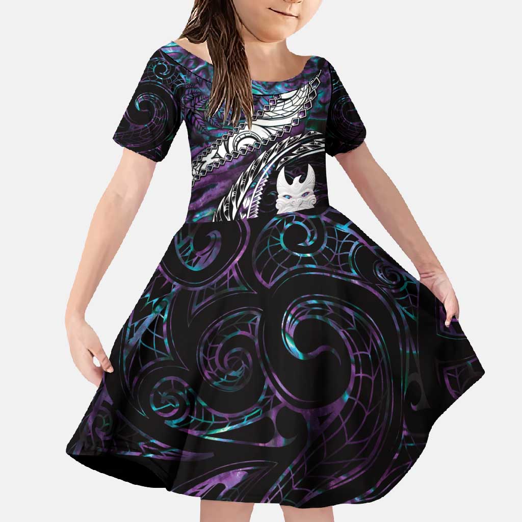 New Zealand Aotearoa Family Matching Mermaid Dress and Hawaiian Shirt Maori Hei Rehua Paua Shell Glitter Purple LT05 Daughter's Dress Purple - Polynesian Pride