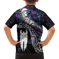 New Zealand Aotearoa Family Matching Off The Shoulder Long Sleeve Dress and Hawaiian Shirt Maori Hei Rehua Paua Shell Glitter Purple LT05 - Polynesian Pride