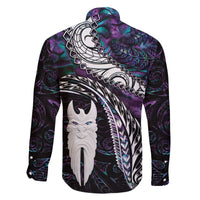 New Zealand Aotearoa Family Matching Off The Shoulder Long Sleeve Dress and Hawaiian Shirt Maori Hei Rehua Paua Shell Glitter Purple LT05 - Polynesian Pride