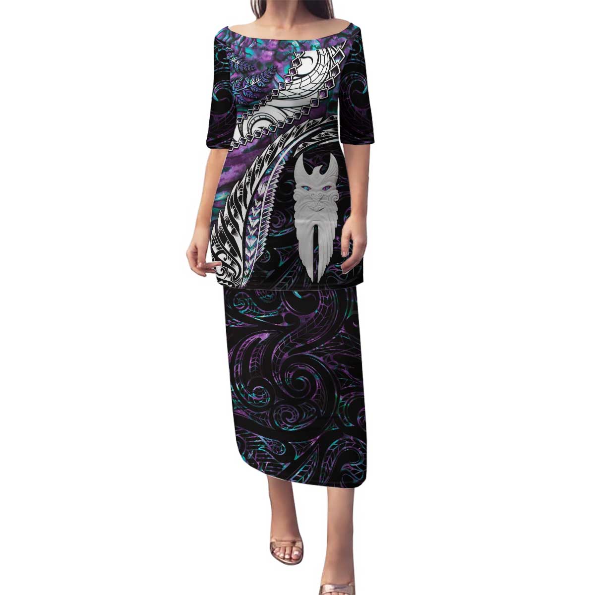 New Zealand Aotearoa Family Matching Puletasi and Hawaiian Shirt Maori Hei Rehua Paua Shell Glitter Purple
