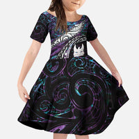 New Zealand Aotearoa Family Matching Tank Maxi Dress and Hawaiian Shirt Maori Hei Rehua Paua Shell Glitter Purple LT05 Daughter's Dress Purple - Polynesian Pride