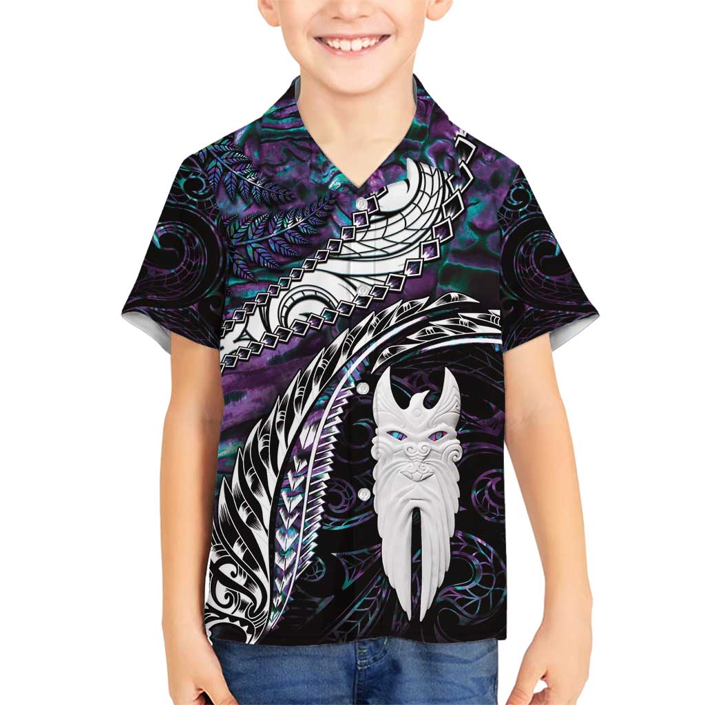 New Zealand Aotearoa Family Matching Tank Maxi Dress and Hawaiian Shirt Maori Hei Rehua Paua Shell Glitter Purple LT05 Son's Shirt Purple - Polynesian Pride
