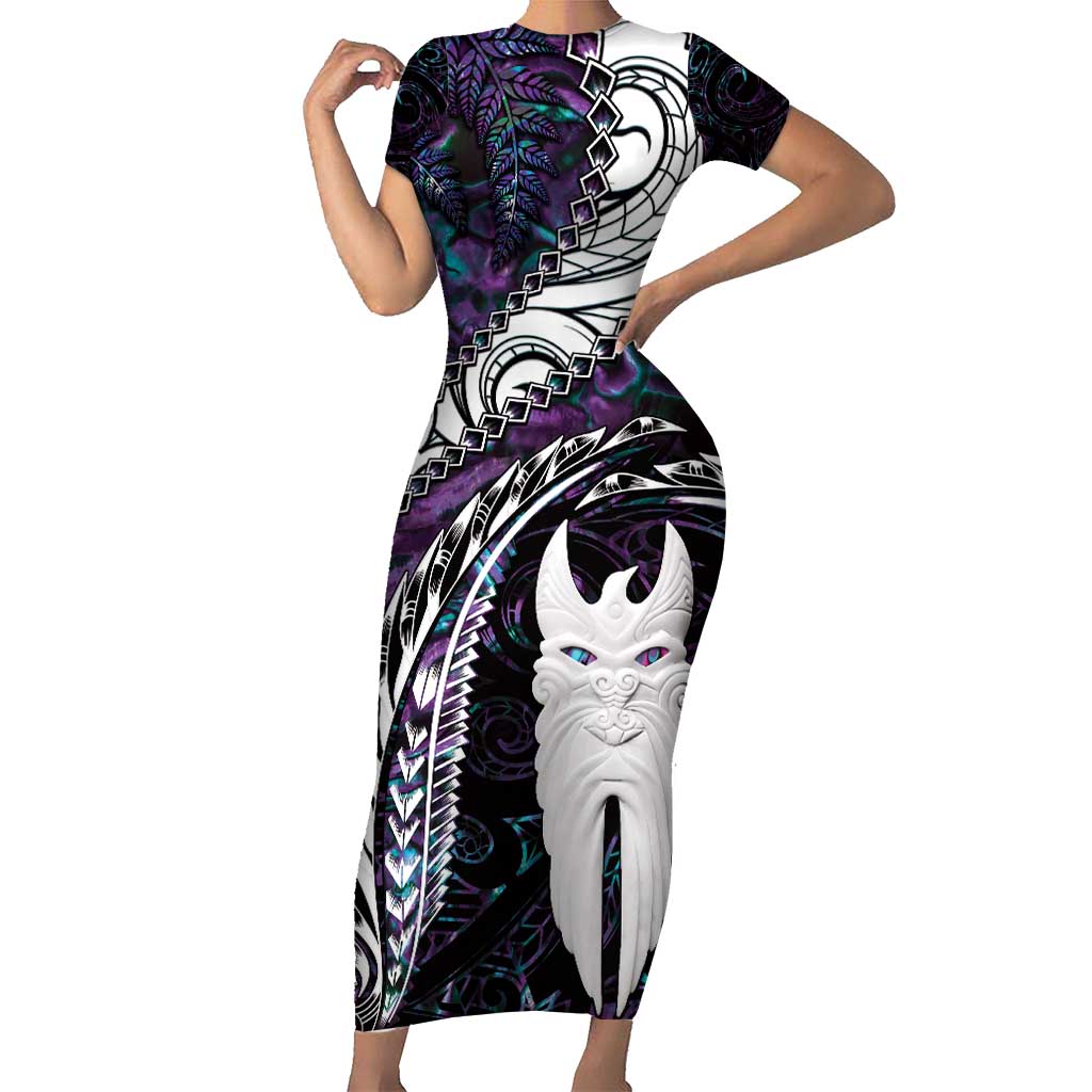 New Zealand Aotearoa Short Sleeve Bodycon Dress Maori Hei Rehua Paua Shell Glitter Purple LT05 Long Dress Purple - Polynesian Pride
