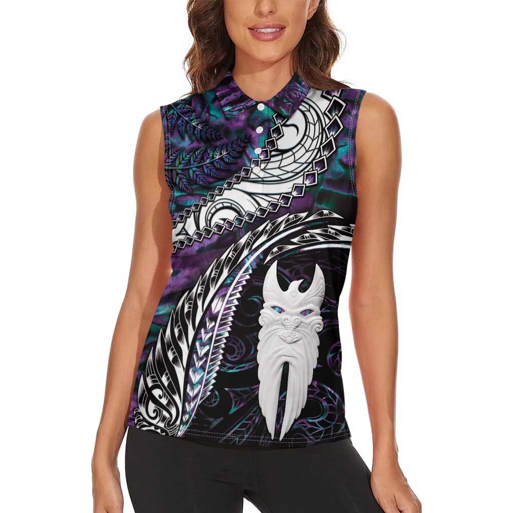 New Zealand Aotearoa Women Sleeveless Polo Shirt Maori Hei Rehua Paua Shell Glitter Purple