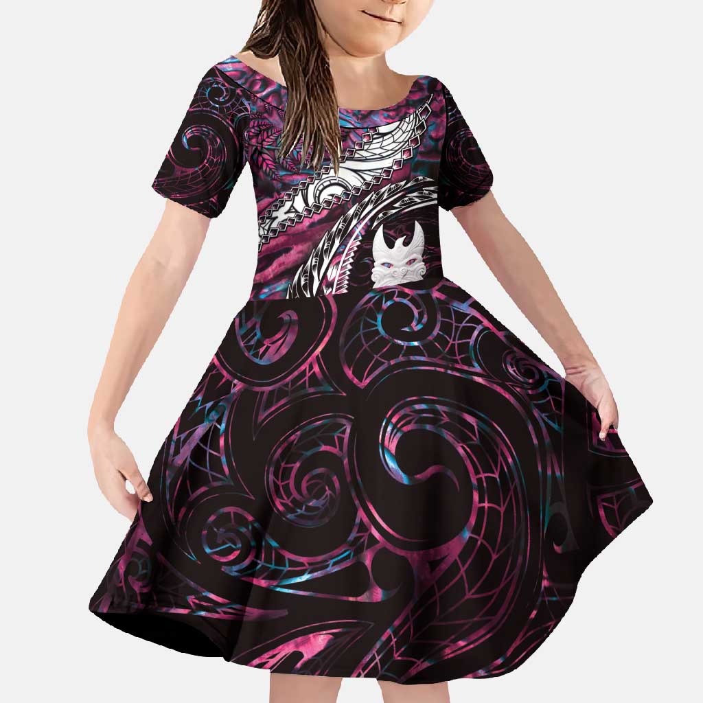 New Zealand Aotearoa Family Matching Mermaid Dress and Hawaiian Shirt Maori Hei Rehua Paua Shell Glitter Pink LT05 Daughter's Dress Pink - Polynesian Pride