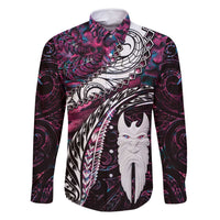 New Zealand Aotearoa Family Matching Mermaid Dress and Hawaiian Shirt Maori Hei Rehua Paua Shell Glitter Pink LT05 Dad's Shirt - Long Sleeve Pink - Polynesian Pride