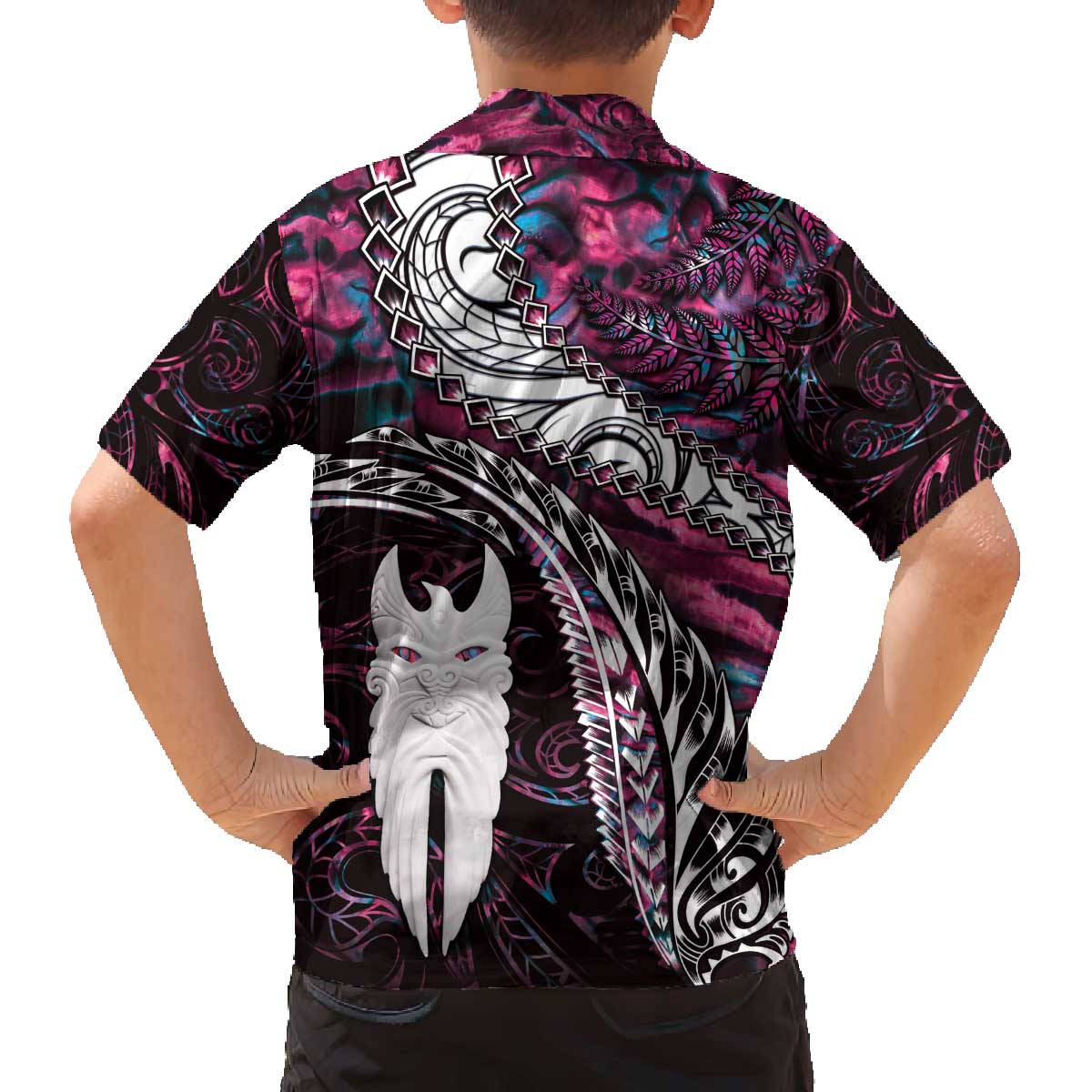 New Zealand Aotearoa Family Matching Off The Shoulder Long Sleeve Dress and Hawaiian Shirt Maori Hei Rehua Paua Shell Glitter Pink LT05 - Polynesian Pride