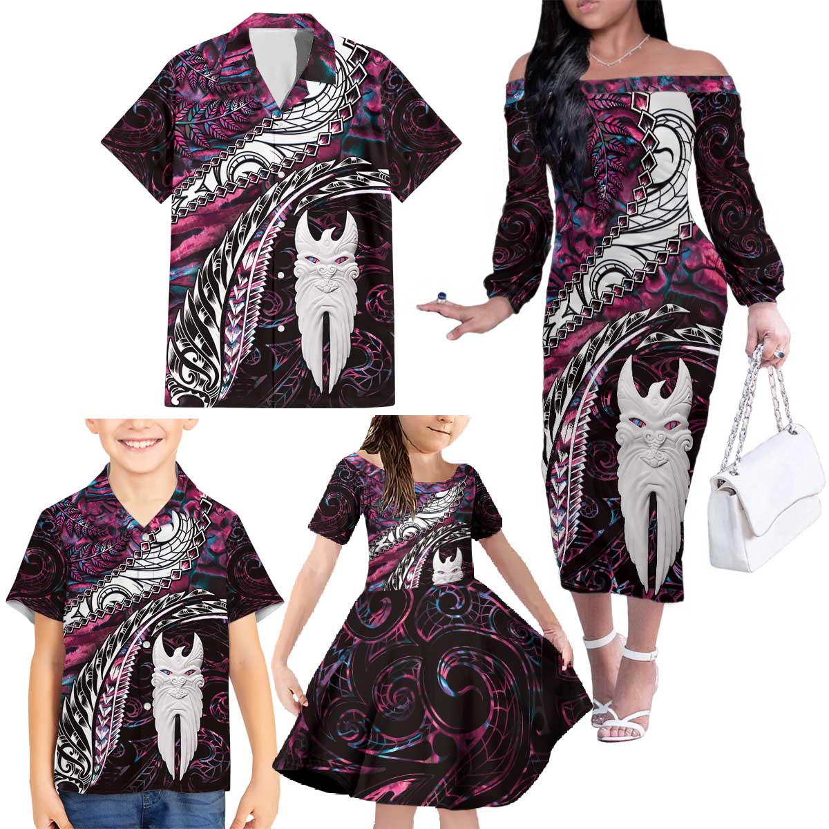 New Zealand Aotearoa Family Matching Off The Shoulder Long Sleeve Dress and Hawaiian Shirt Maori Hei Rehua Paua Shell Glitter Pink LT05 - Polynesian Pride
