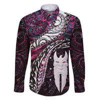 New Zealand Aotearoa Family Matching Off The Shoulder Long Sleeve Dress and Hawaiian Shirt Maori Hei Rehua Paua Shell Glitter Pink LT05 Dad's Shirt - Long Sleeve Pink - Polynesian Pride