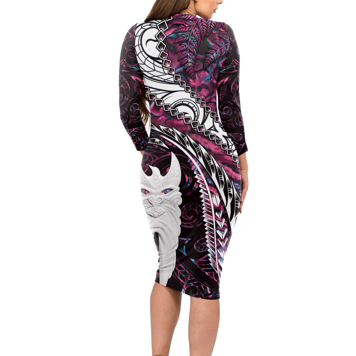 New Zealand Aotearoa Long Sleeve Bodycon Dress Maori Hei Rehua Paua Shell Glitter Pink