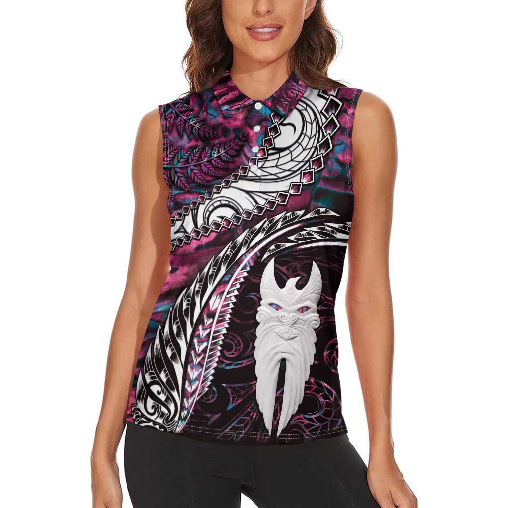 New Zealand Aotearoa Women Sleeveless Polo Shirt Maori Hei Rehua Paua Shell Glitter Pink