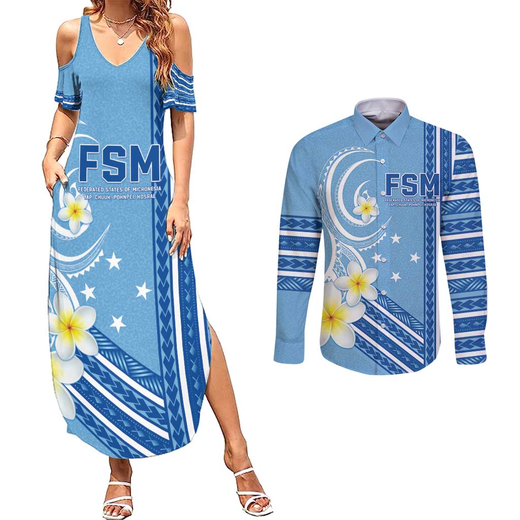 Personalised Federated States of Micronesia Couples Matching Summer Maxi Dress and Long Sleeve Button Shirt Happy 38th Independence Anniversary LT05 Blue - Polynesian Pride