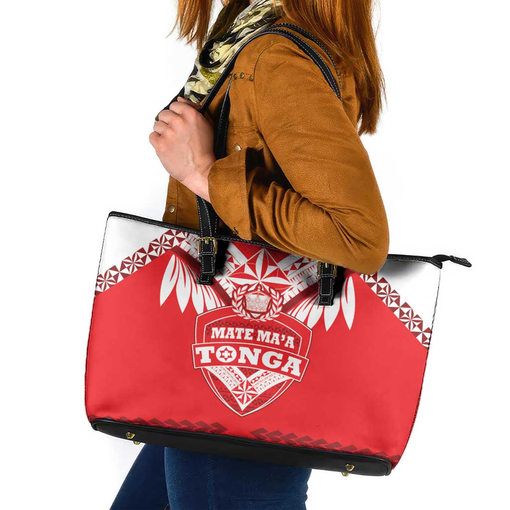 Tonga Mate Maa Rugby Leather Tote Bag Go Champions LT05 Red - Polynesian Pride