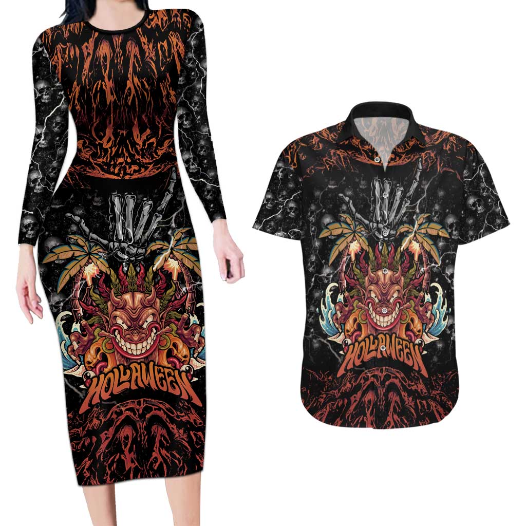 Aloha Halloween Couples Matching Long Sleeve Bodycon Dress and Hawaiian Shirt Horror Tiki Heavy Metal Style - Polynesian Pride