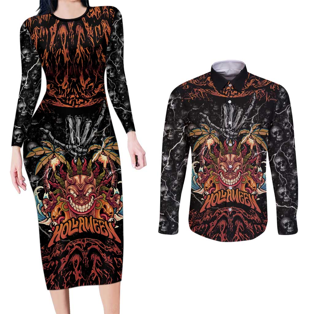 Aloha Halloween Couples Matching Long Sleeve Bodycon Dress and Long Sleeve Button Shirt Horror Tiki Heavy Metal Style - Polynesian Pride