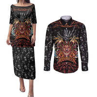 Aloha Halloween Couples Matching Puletasi and Long Sleeve Button Shirt Horror Tiki Heavy Metal Style - Polynesian Pride