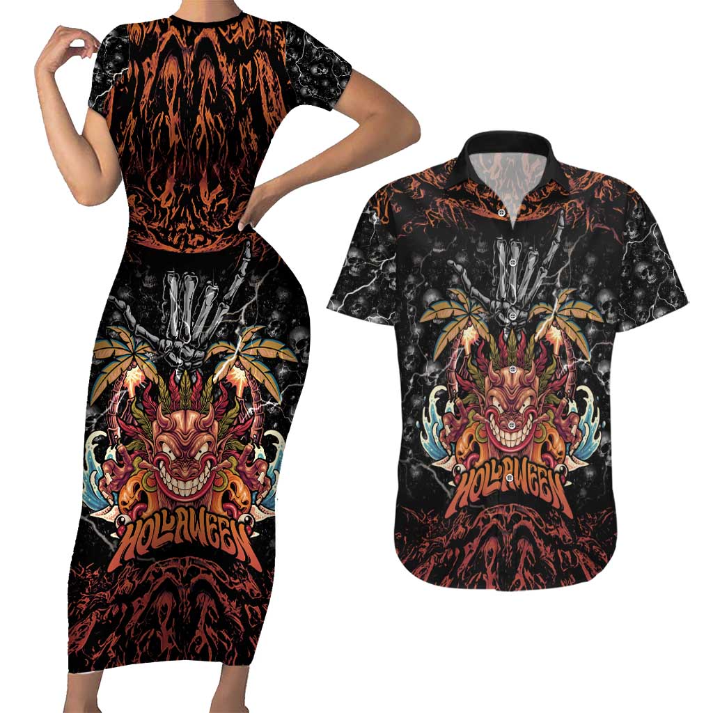 Aloha Halloween Couples Matching Short Sleeve Bodycon Dress and Hawaiian Shirt Horror Tiki Heavy Metal Style - Polynesian Pride