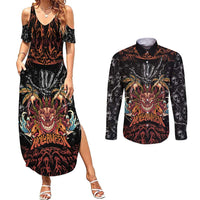 Aloha Halloween Couples Matching Summer Maxi Dress and Long Sleeve Button Shirt Horror Tiki Heavy Metal Style - Polynesian Pride