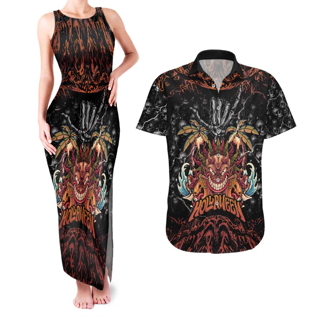 Aloha Halloween Couples Matching Tank Maxi Dress and Hawaiian Shirt Horror Tiki Heavy Metal Style - Polynesian Pride