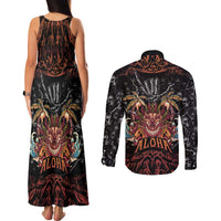 Aloha Halloween Couples Matching Tank Maxi Dress and Long Sleeve Button Shirt Horror Tiki Heavy Metal Style - Polynesian Pride