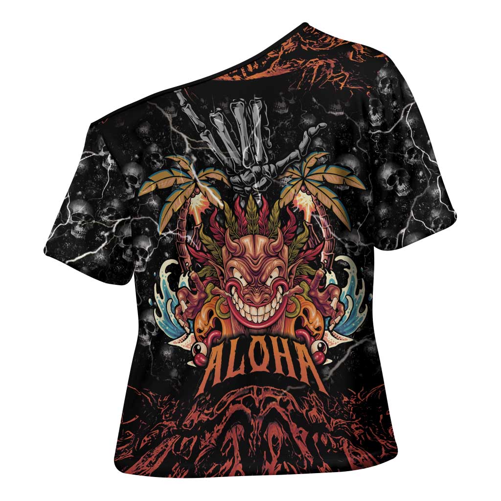 Aloha Halloween Cross Shoulder Shirt Horror Tiki Heavy Metal Style - Polynesian Pride