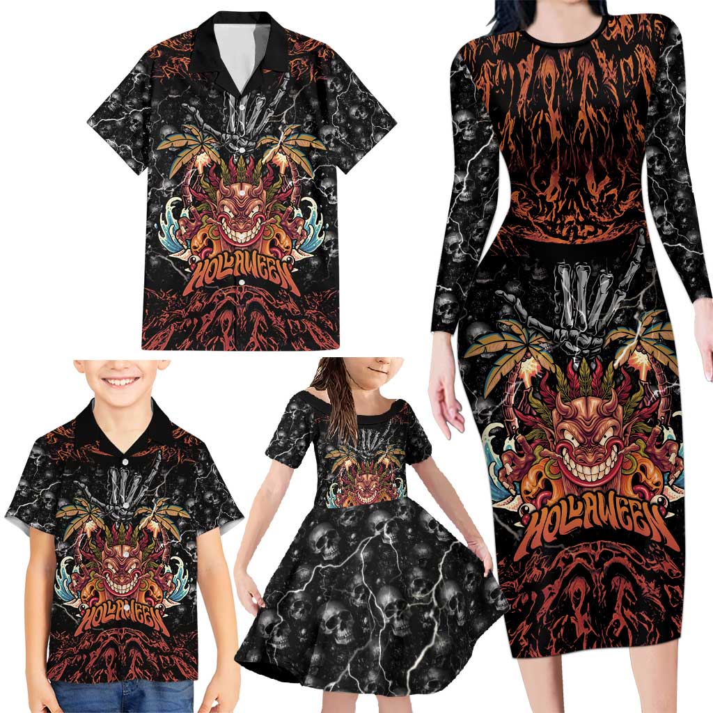 Aloha Halloween Family Matching Long Sleeve Bodycon Dress and Hawaiian Shirt Horror Tiki Heavy Metal Style - Polynesian Pride
