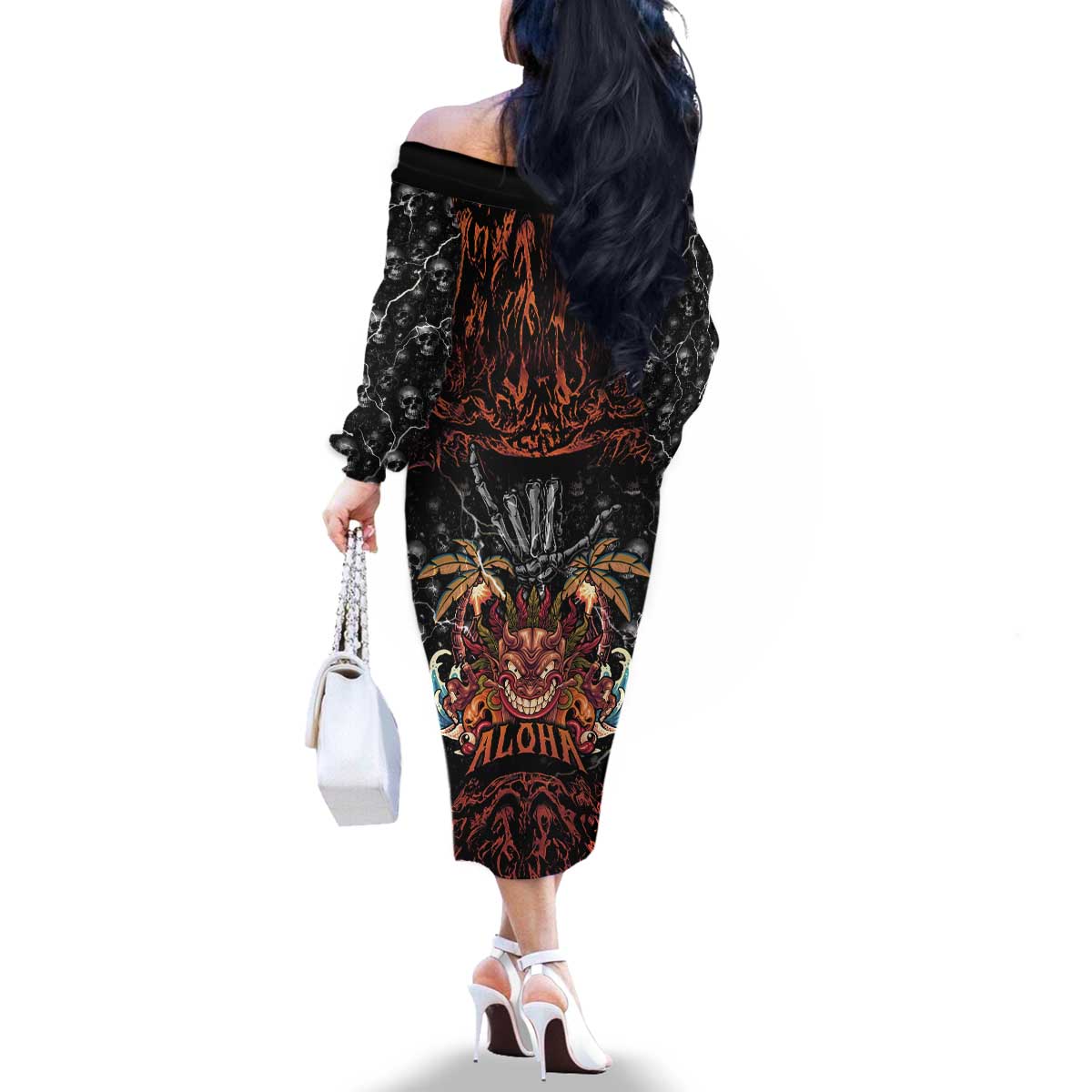 Aloha Halloween Family Matching Off The Shoulder Long Sleeve Dress and Hawaiian Shirt Horror Tiki Heavy Metal Style - Polynesian Pride