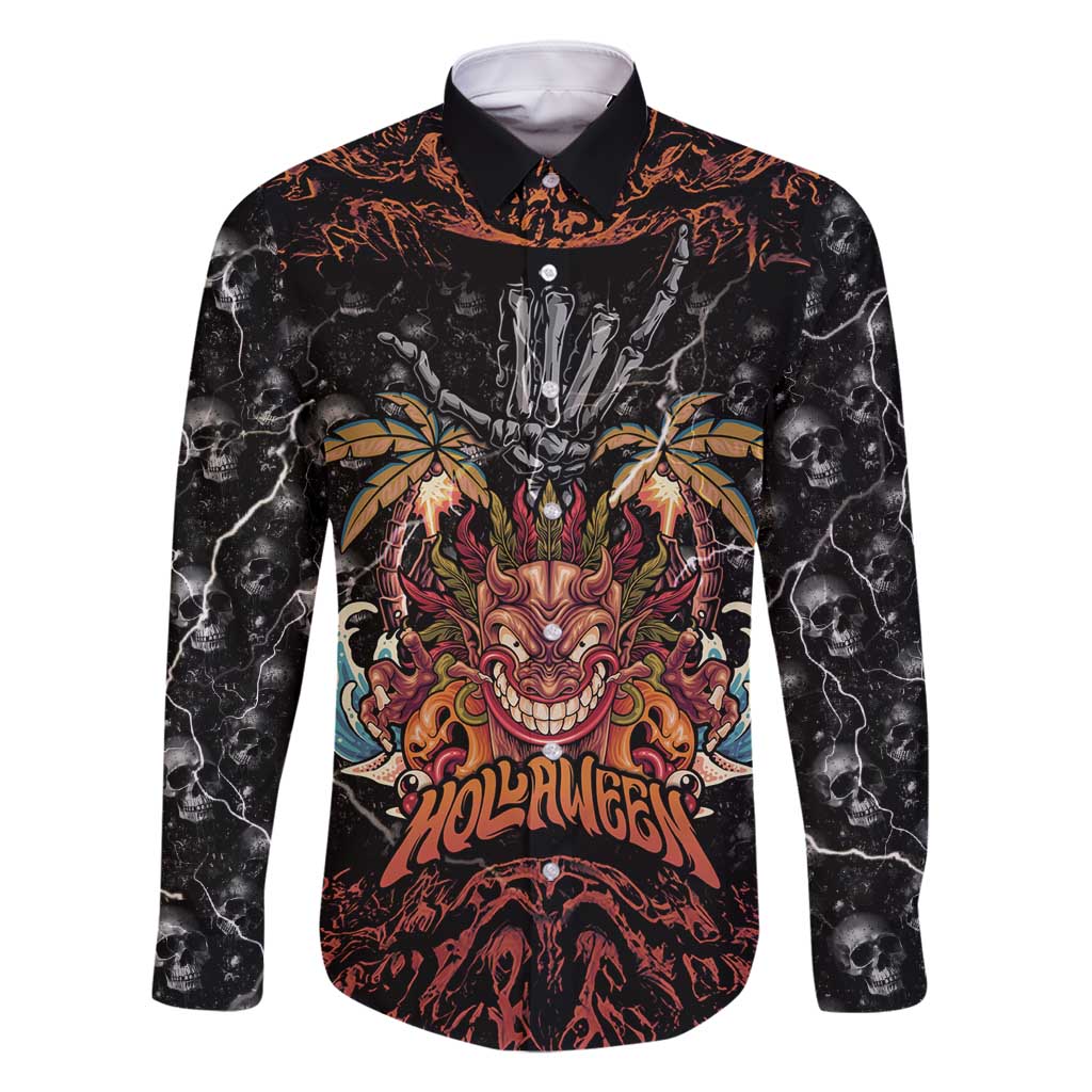 Aloha Halloween Family Matching Summer Maxi Dress and Hawaiian Shirt Horror Tiki Heavy Metal Style LT05 Dad's Shirt - Long Sleeve Black - Polynesian Pride