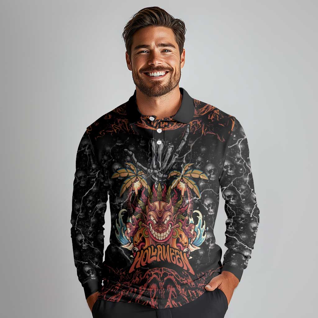 Aloha Halloween Long Sleeve Polo Shirt Horror Tiki Heavy Metal Style - Polynesian Pride