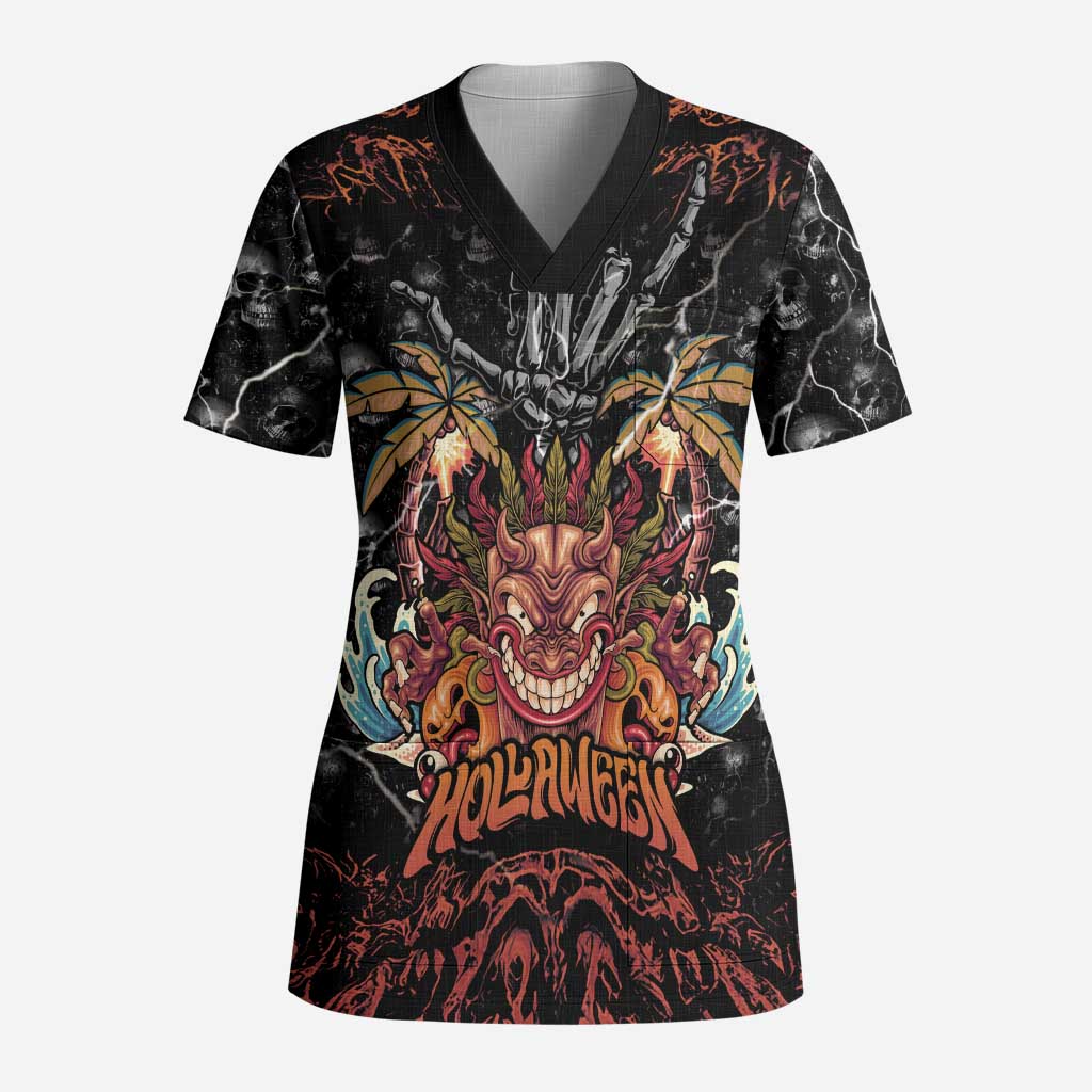 Aloha Halloween Scrub Top Horror Tiki Heavy Metal Style LT05 Adult Black - Polynesian Pride