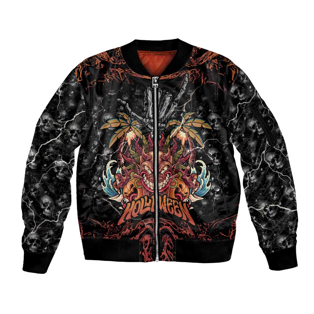 Aloha Halloween Sleeve Zip Bomber Jacket Horror Tiki Heavy Metal Style - Polynesian Pride