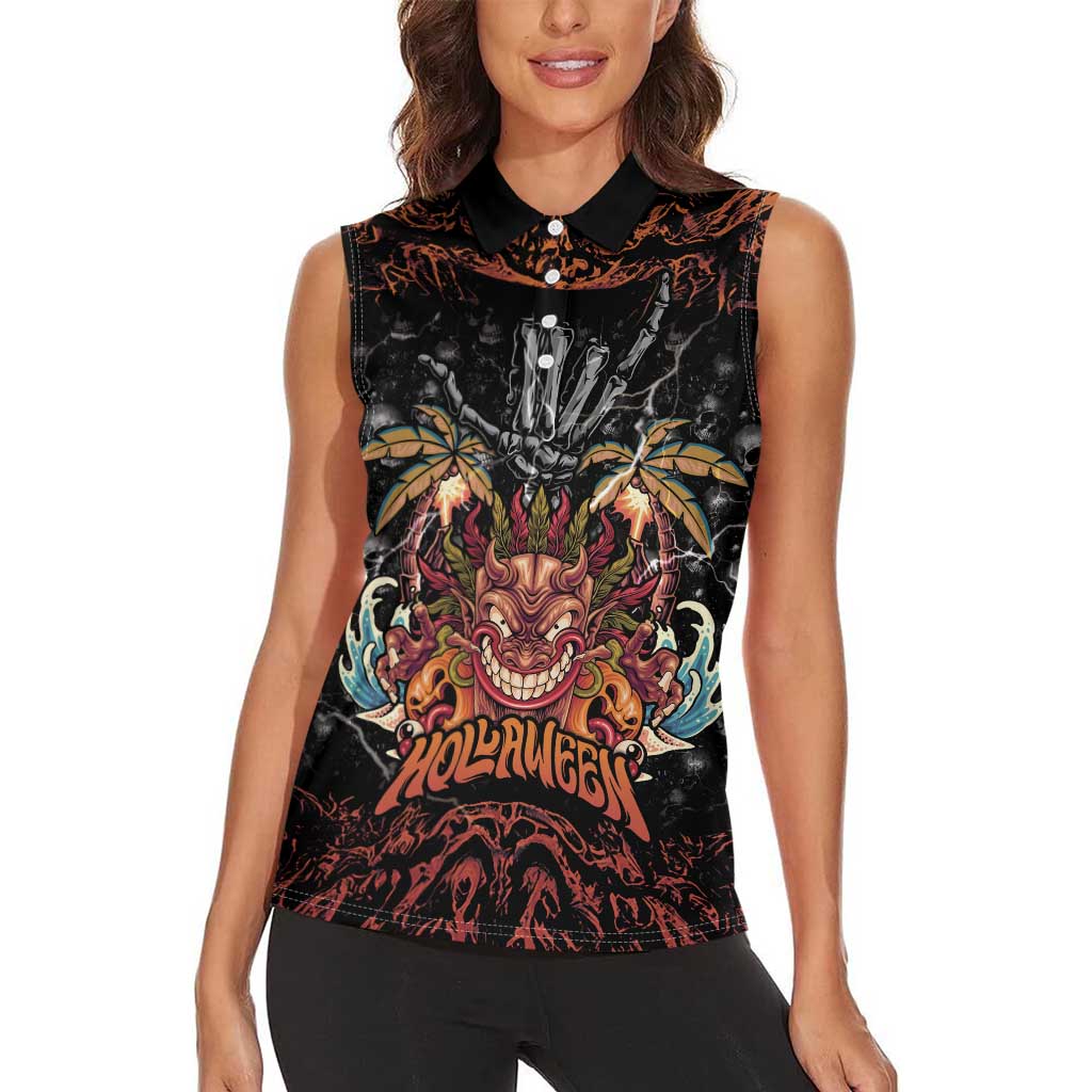 Aloha Halloween Women Sleeveless Polo Shirt Horror Tiki Heavy Metal Style - Polynesian Pride