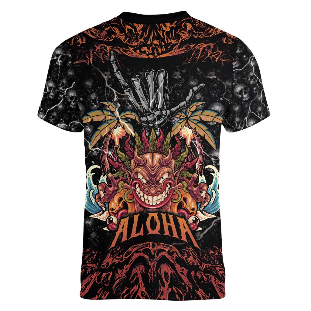 Aloha Halloween Women V-Neck T-Shirt Horror Tiki Heavy Metal Style - Polynesian Pride