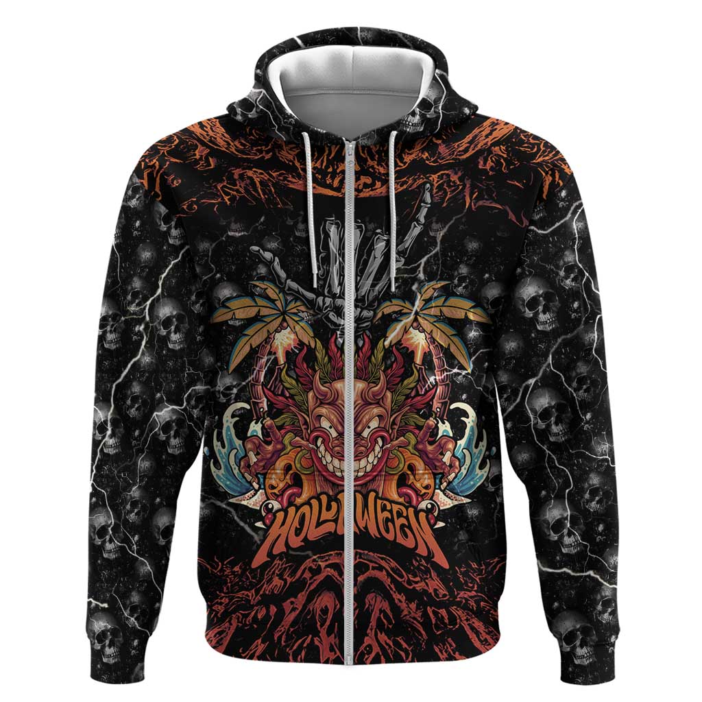 Aloha Halloween Zip Hoodie Horror Tiki Heavy Metal Style LT05 Zip Hoodie Black - Polynesian Pride
