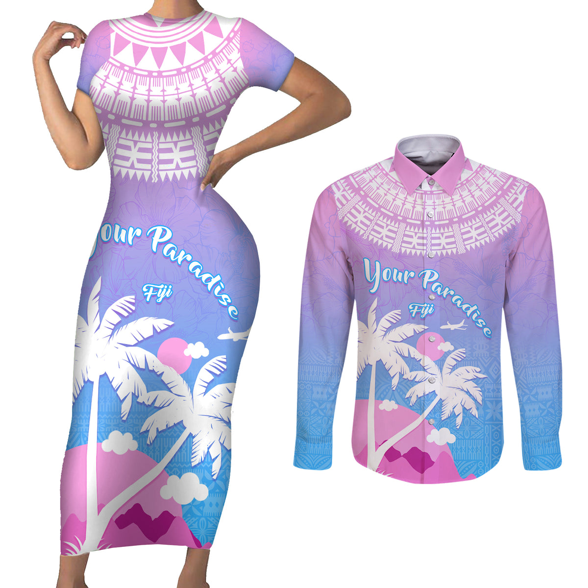 Personalised Fiji Your Paradise Festival Couples Matching Short Sleeve Bodycon Dress and Long Sleeve Button Shirt With Fijian Masi Tapa Pattern LT05 Blue - Polynesian Pride