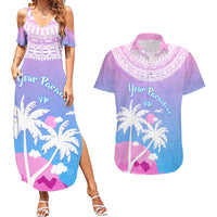 Personalised Fiji Your Paradise Festival Couples Matching Summer Maxi Dress and Hawaiian Shirt With Fijian Masi Tapa Pattern LT05 Blue - Polynesian Pride