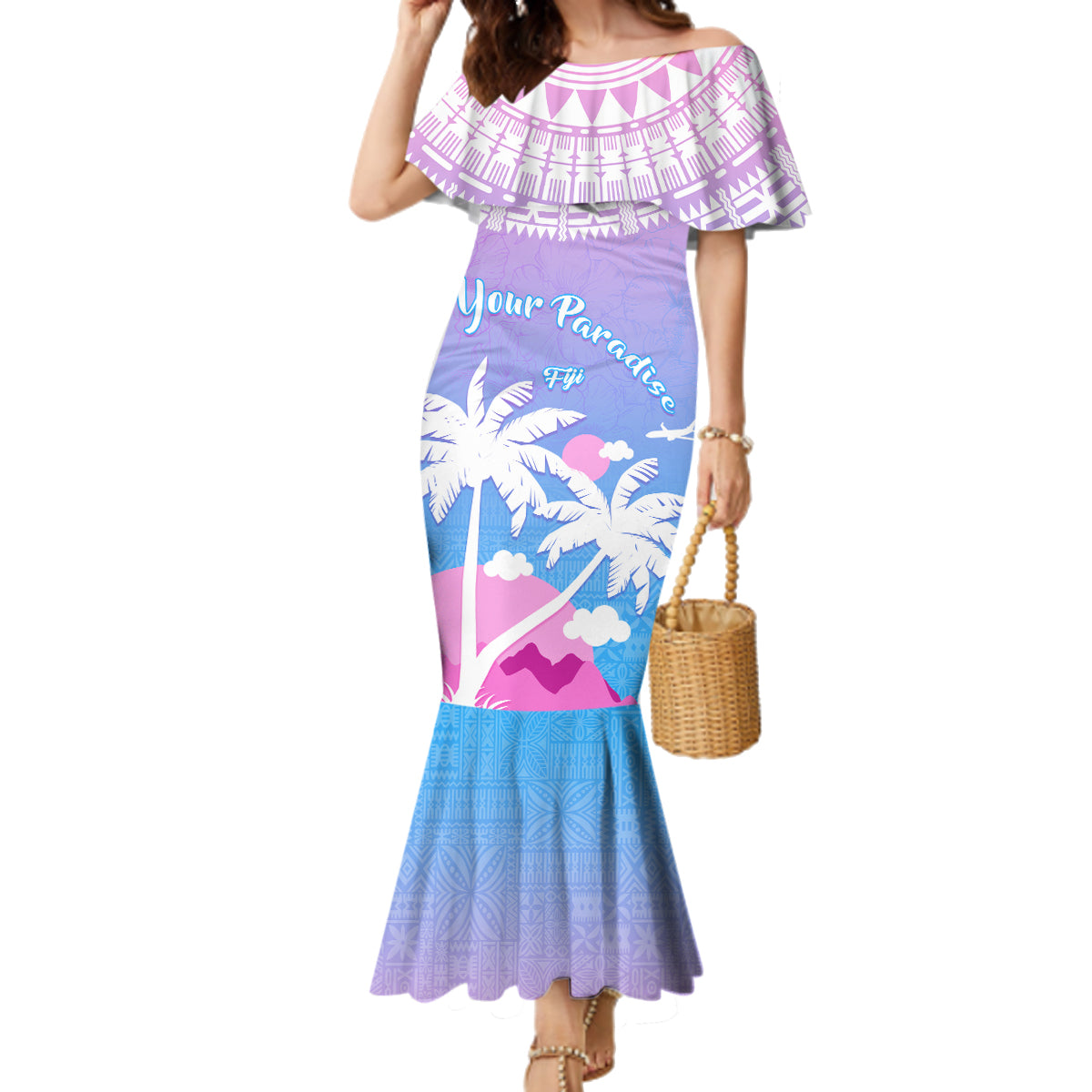 Personalised Fiji Your Paradise Festival Family Matching Mermaid Dress and Hawaiian Shirt With Fijian Masi Tapa Pattern LT05 Mom's Dress Blue - Polynesian Pride