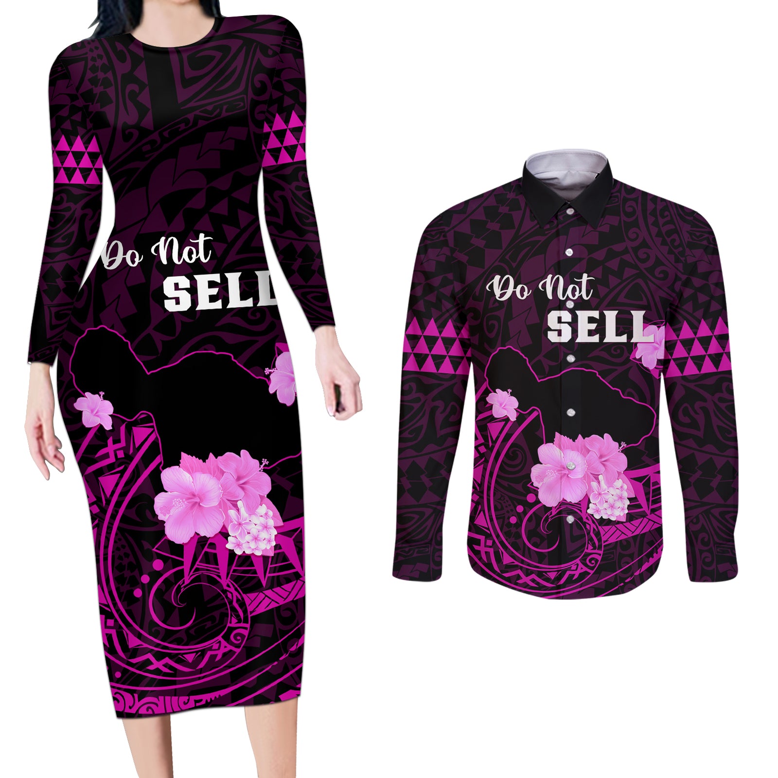 Hawaii Strong Maui Couples Matching Long Sleeve Bodycon Dress and Long Sleeve Button Shirt Lahaina Is Not For Sale LT05 Pink - Polynesian Pride